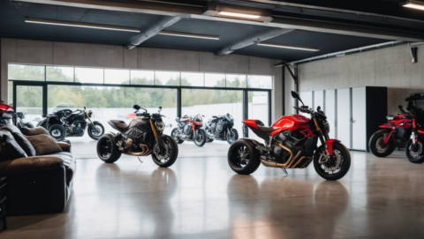 Showroom met rode en zwarte naked bikes voor grote ramen