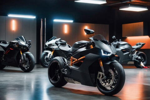 Moderne garage met matzwarte sportmotoren, sfeerverlichting en een strakke, industriële uitstraling.